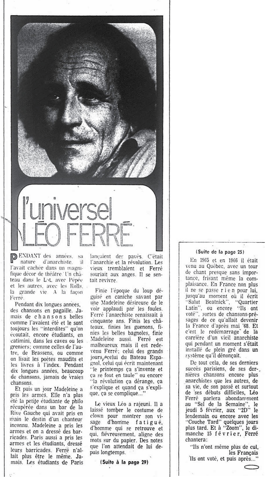 Léo Ferré - La presse, Télé-presse, samedi 7 février 1970
